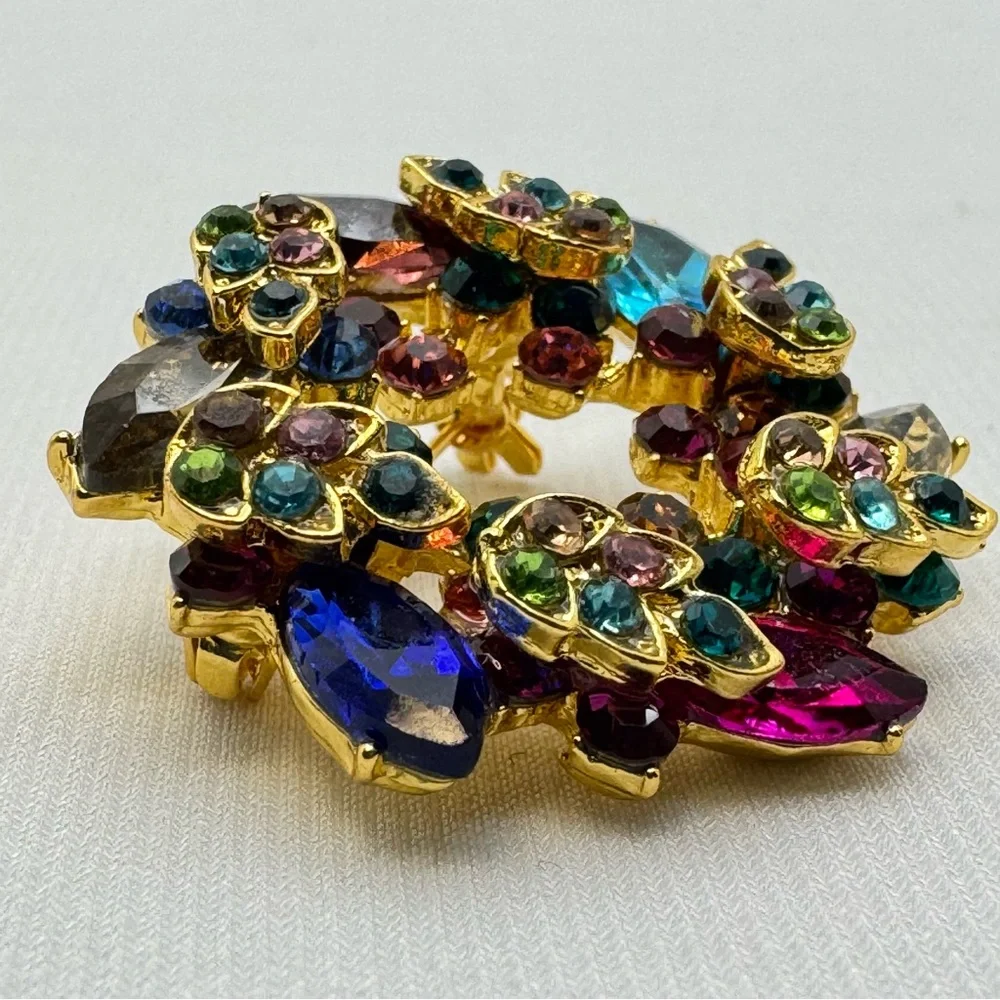 Gold Tone Multicolor Crystal Wreath Brooch Statement Rhinestone Pin Rainbow